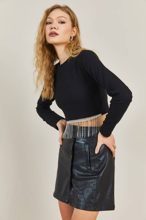 Siyah Taş Detaylı Crop Bluz 3KXK2-46663-02 - 2
