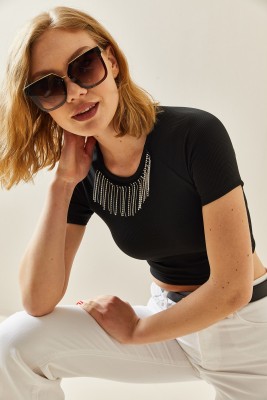 Siyah Taşlı Kaşkorse Crop Bluz 3YXK2-47296-02 - 2