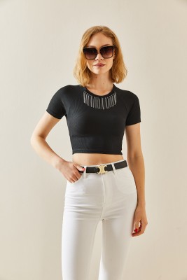 Siyah Taşlı Kaşkorse Crop Bluz 3YXK2-47296-02 - 3
