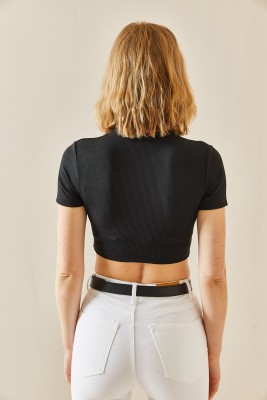 Siyah Taşlı Kaşkorse Crop Bluz 3YXK2-47296-02 - 4