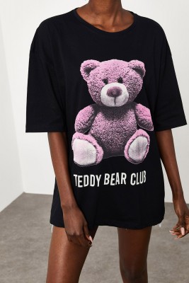 XHAN - Siyah Teddy Bear Baskılı Salaş T-Shirt 2KXK1-45433-02