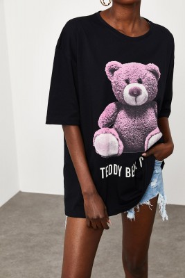 Siyah Teddy Bear Baskılı Salaş Tişört 2KXK1-45433-02 - 3