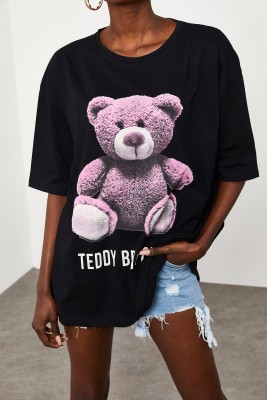 Siyah Teddy Bear Baskılı Salaş T-Shirt 2KXK1-45433-02 - Thumbnail