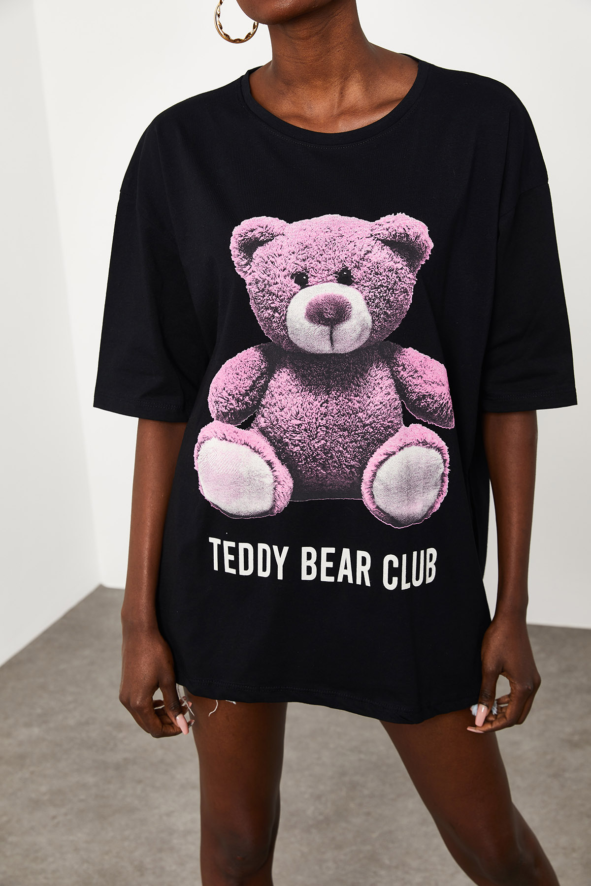 Siyah Teddy Bear Baskılı Salaş T-Shirt 2KXK1-45433-02