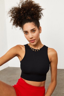 Siyah Tül Detaylı Crop Top Bluz 1YXK2-45195-02 