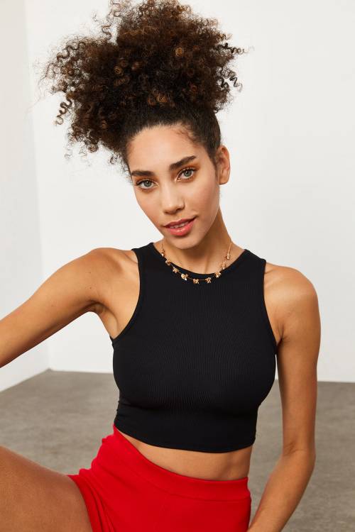 Siyah Tül Detaylı Crop Top Bluz 1YXK2-45195-02 - 1