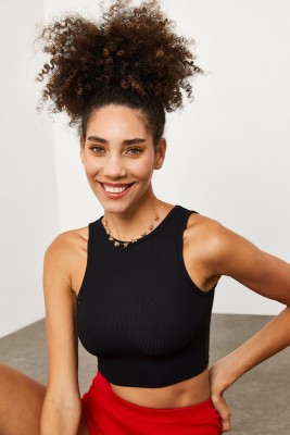 Siyah Tül Detaylı Crop Top Bluz 1YXK2-45195-02 - 2