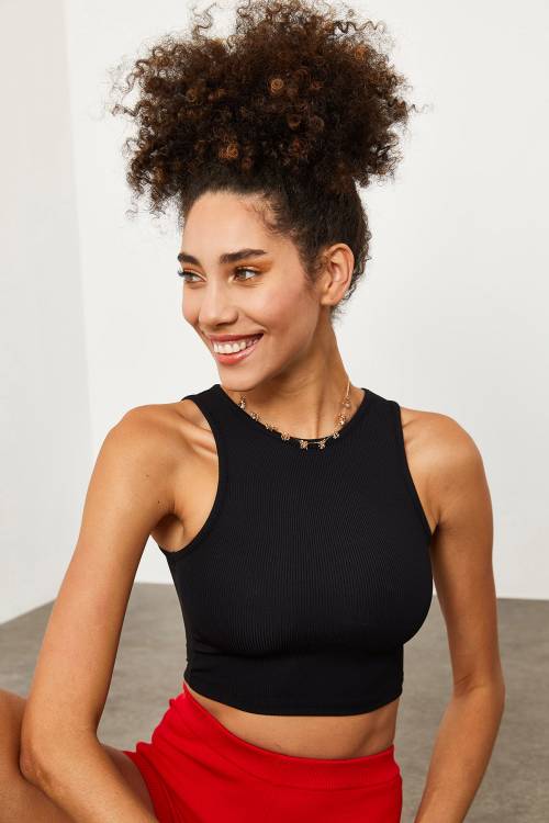 Siyah Tül Detaylı Crop Top Bluz 1YXK2-45195-02 - 3