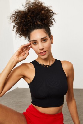 Siyah Tül Detaylı Crop Top Bluz 1YXK2-45195-02 - 4