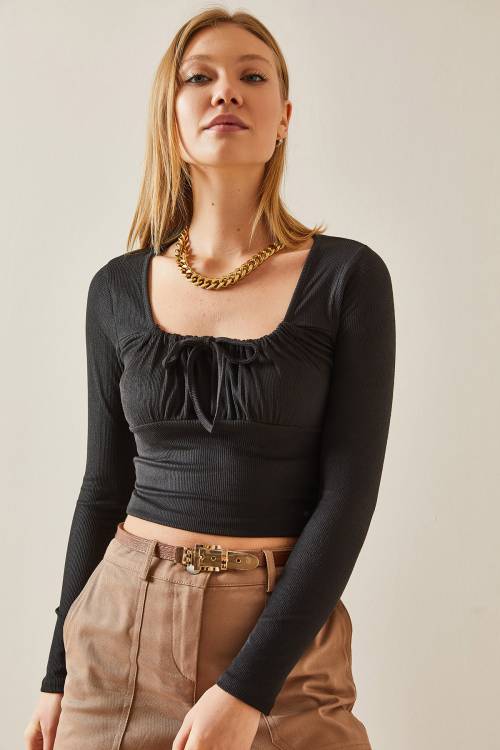 Siyah U Yaka Bağcıklı Kaşkorse Crop Bluz 4KXK2-47775-02 - 5