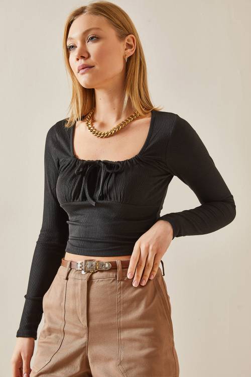 Siyah U Yaka Bağcıklı Kaşkorse Crop Bluz 4KXK2-47775-02 - 6