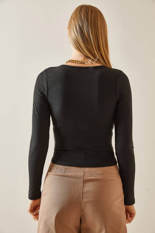 Siyah U Yaka Bağcıklı Kaşkorse Crop Bluz 4KXK2-47775-02 - 8