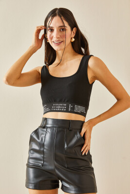 Siyah U Yaka Lastikli Crop Bluz 5YXK2-48381-02 - 7