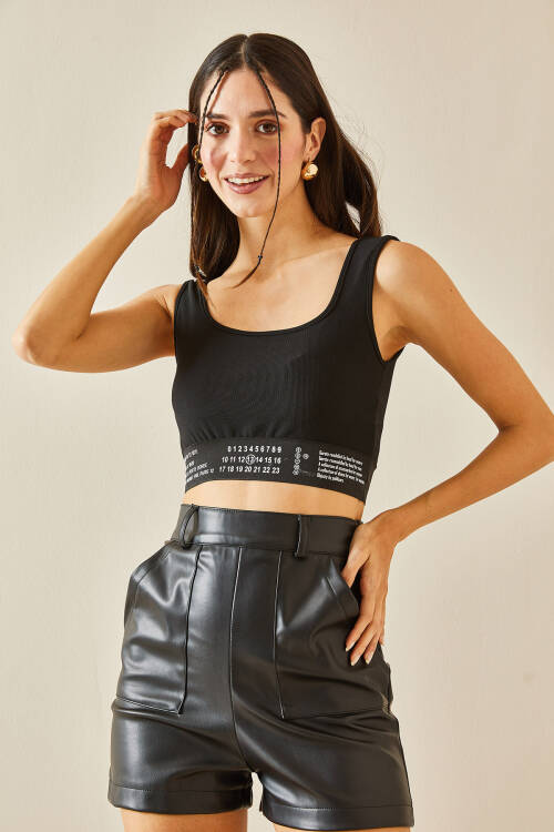 Siyah U Yaka Lastikli Crop Bluz 5YXK2-48381-02 - 7