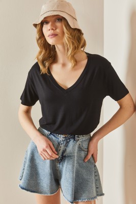 XHAN - Siyah V Yaka Basic T-Shirt 3YXK1-47009-02