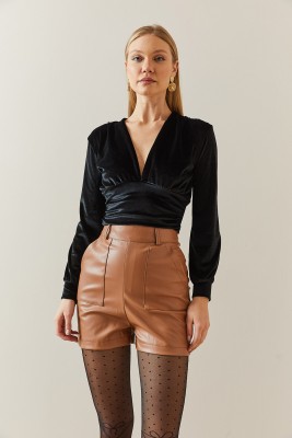Siyah V Yaka Drapeli Kadife Crop Bluz 4KXK2-47806-02 - 7