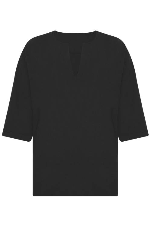 XHAN - Siyah V Yaka Fakir Kol Oversize Keten Gömlek 2YXE2-45964-02