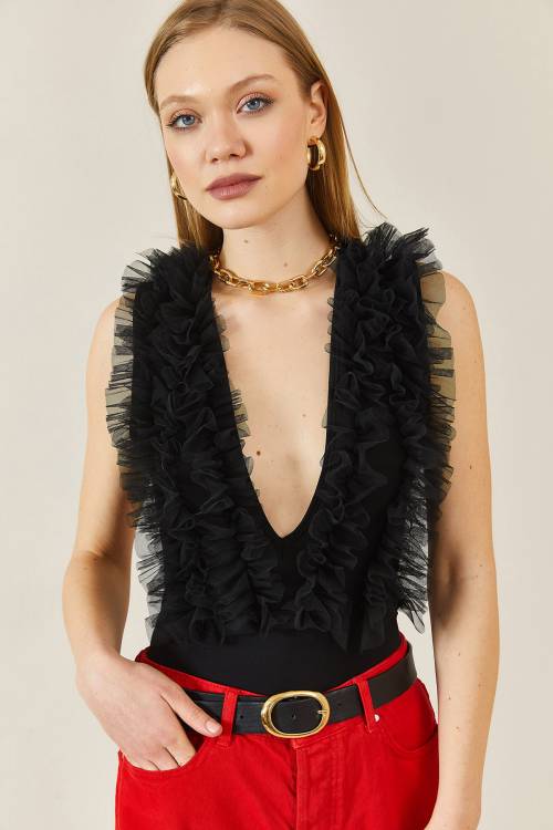 Siyah V Yaka Tütü Detaylı Çıtçıtlı Bluz 3YXK2-46878-02 - 1
