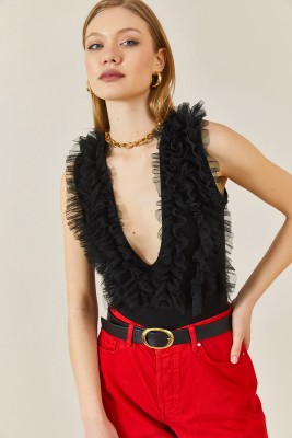Siyah V Yaka Tütü Detaylı Çıtçıtlı Bluz 3YXK2-46878-02 - 3