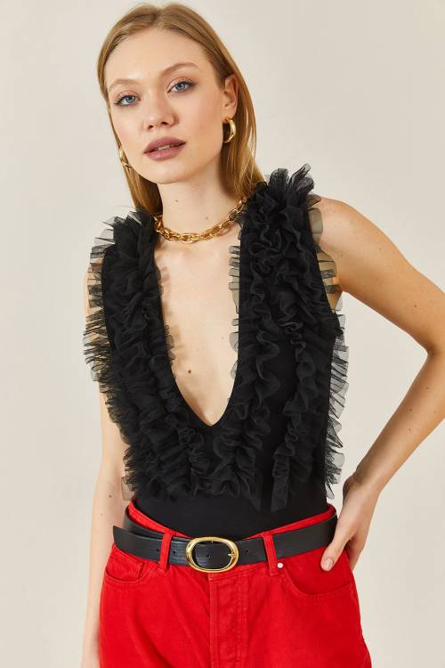 Siyah V Yaka Tütü Detaylı Çıtçıtlı Bluz 3YXK2-46878-02 - 6