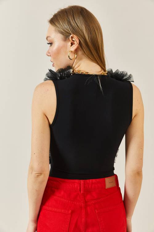 Siyah V Yaka Tütü Detaylı Çıtçıtlı Bluz 3YXK2-46878-02 - 7
