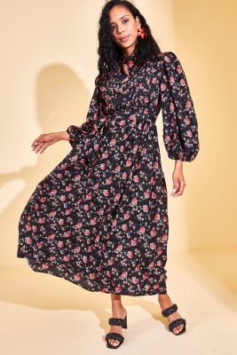 Siyah Yaka Detaylı Çiçekli Maxi Elbise 3KXK6-46866-02 