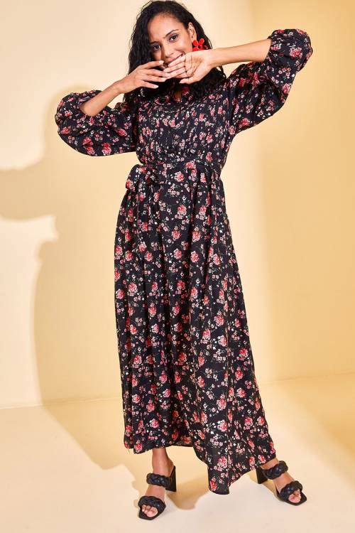 Siyah Yaka Detaylı Çiçekli Maxi Elbise 3KXK6-46866-02 - 2