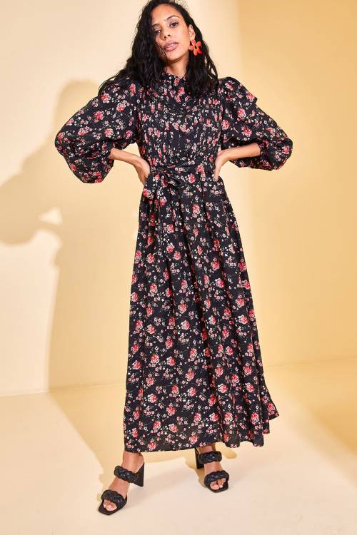 Siyah Yaka Detaylı Çiçekli Maxi Elbise 3KXK6-46866-02 - 3