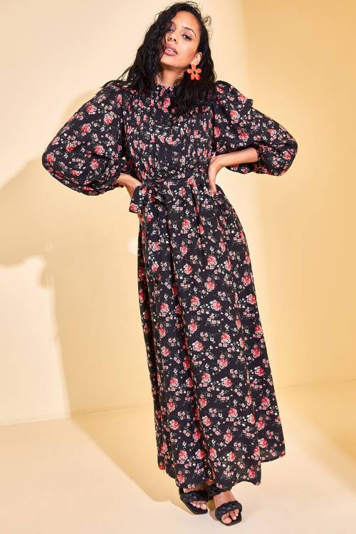 Siyah Yaka Detaylı Çiçekli Maxi Elbise 3KXK6-46866-02 - 4