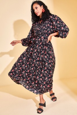 Siyah Yaka Detaylı Çiçekli Maxi Elbise 3KXK6-46866-02 - 5