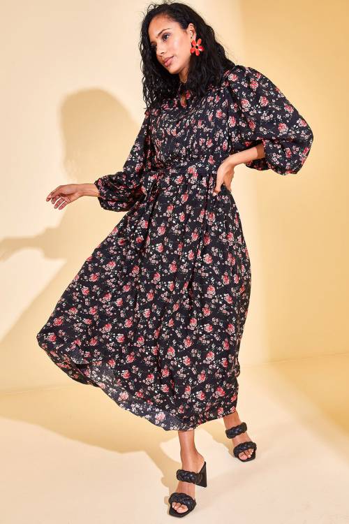 Siyah Yaka Detaylı Çiçekli Maxi Elbise 3KXK6-46866-02 - 5