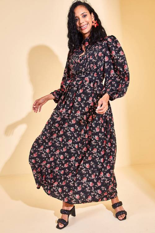 Siyah Yaka Detaylı Çiçekli Maxi Elbise 3KXK6-46866-02 - 6
