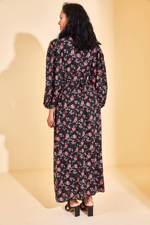 Siyah Yaka Detaylı Çiçekli Maxi Elbise 3KXK6-46866-02 - 7