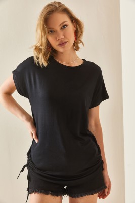 XHAN - Siyah Yanı Büzgülü Dökümlü Bluz 3YXK2-47098-02