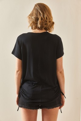 Siyah Yanı Büzgülü Dökümlü Bluz 3YXK2-47098-02 - 6