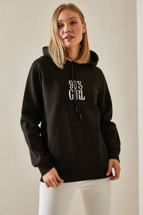 Siyah Yazı Detaylı Şardonlu Kapüşonlü Sweatshirt 4KXK8-47593-02 - 2