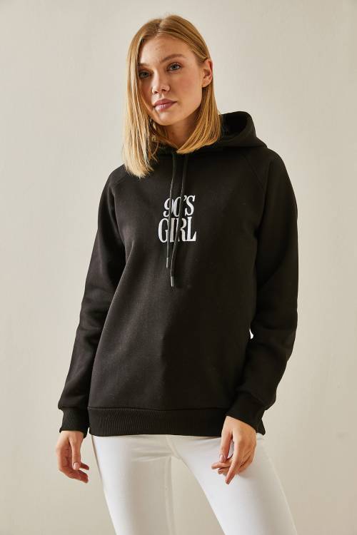 Siyah Yazı Detaylı Şardonlu Kapüşonlü Sweatshirt 4KXK8-47593-02 - 5