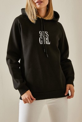 Siyah Yazı Detaylı Şardonlu Kapüşonlü Sweatshirt 4KXK8-47593-02 - XHAN