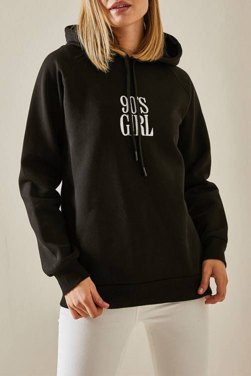 Siyah Yazı Detaylı Şardonlu Kapüşonlü Sweatshirt 4KXK8-47593-02 - 1