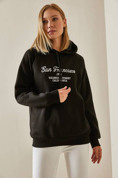 Siyah Yazı Detaylı Şardonlu Kapüşonlü Sweatshirt 4KXK8-47599-02 - 5