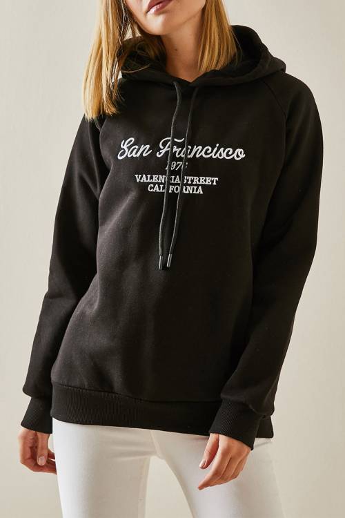 Siyah Yazı Detaylı Şardonlu Kapüşonlü Sweatshirt 4KXK8-47599-02 - 1