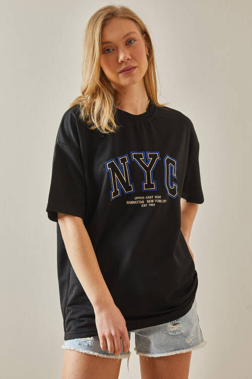 Siyah Yazılı Bisiklet Yaka Oversize Tişört 5YXK1-47969-02 - 2