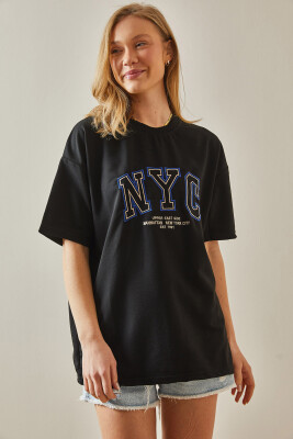Siyah Yazılı Bisiklet Yaka Oversize Tişört 5YXK1-47969-02 - 3