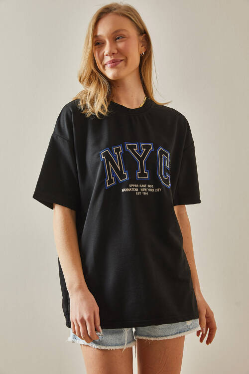 Siyah Yazılı Bisiklet Yaka Oversize Tişört 5YXK1-47969-02 - 3