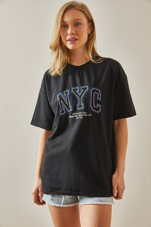 Siyah Yazılı Bisiklet Yaka Oversize Tişört 5YXK1-47969-02 - 4