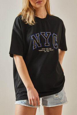 Siyah Yazılı Bisiklet Yaka Oversize Tişört 5YXK1-47969-02 