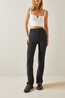 XHAN - Siyah Yüksek Bel Çizgili İspanyol Paça Pantolon 4KXK5-47664-02