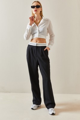 Siyah Yüksek Bel Detaylı Bol Paça Pantolon 4KXK5-47880-02 