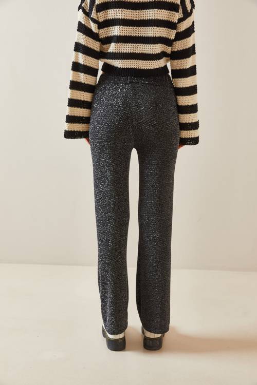 Siyah Yüksek Bel Simli Bol Paça Pantolon 4KXK5-47774-02 - 8