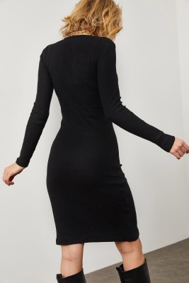 Siyah Yuvarlak Yaka Yırtmaç Detaylı Midi Elbise 2KXK6-45755-02 - 8